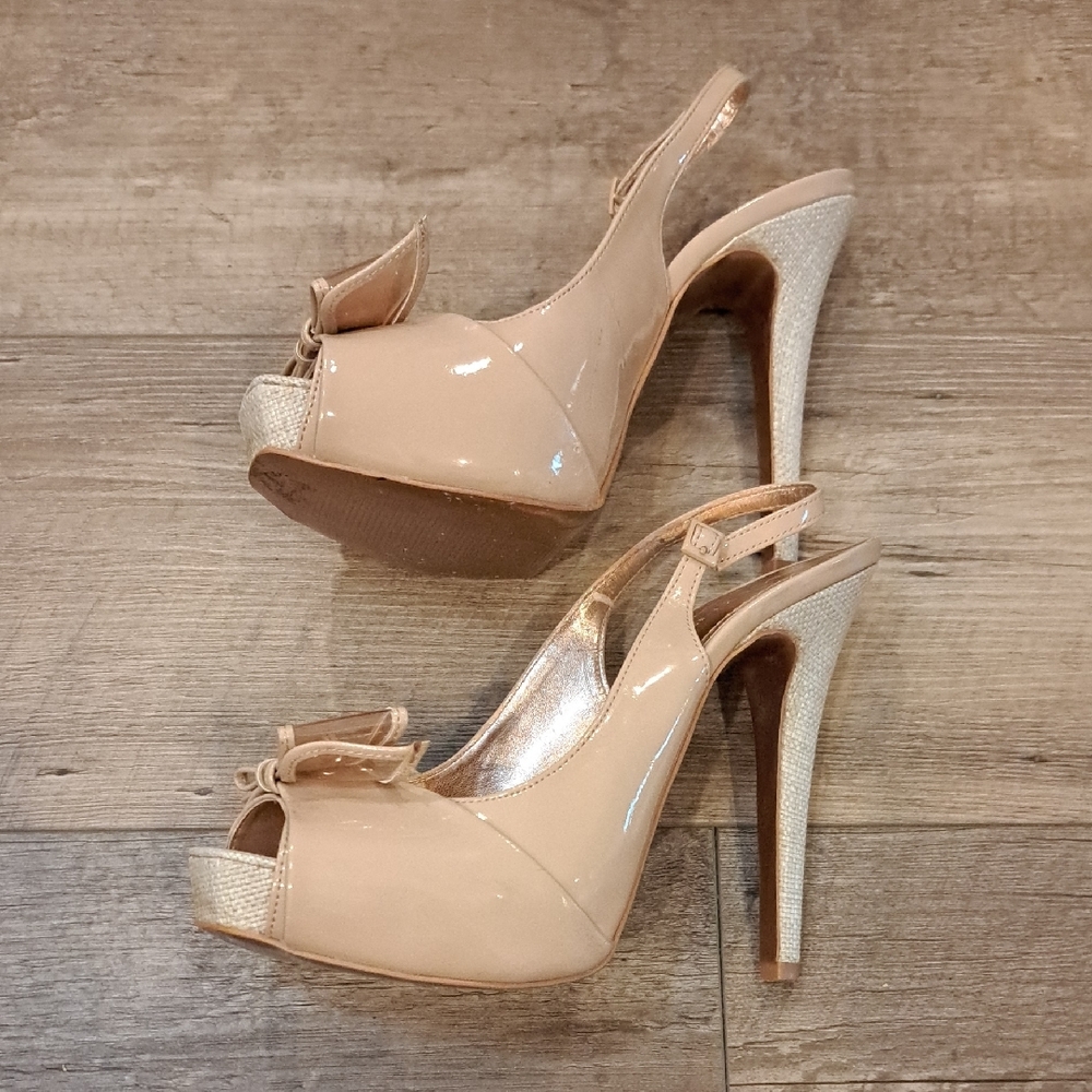BCBGeneration Tan Peep-Toe Heels with Bow - Picture 6 of 6